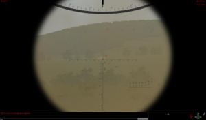 Main gun reticle back on target. Fire! Target! Cease Fire! (T-72M1 sight view)